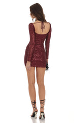 Sequin Long Sleeve Dress in Maroon