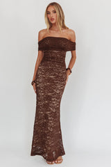 Flutters Off-Shoulder Lace Maxi Dress Chocolate