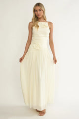 Brighten Drop Waist Flower Accent Maxi Dress Butter