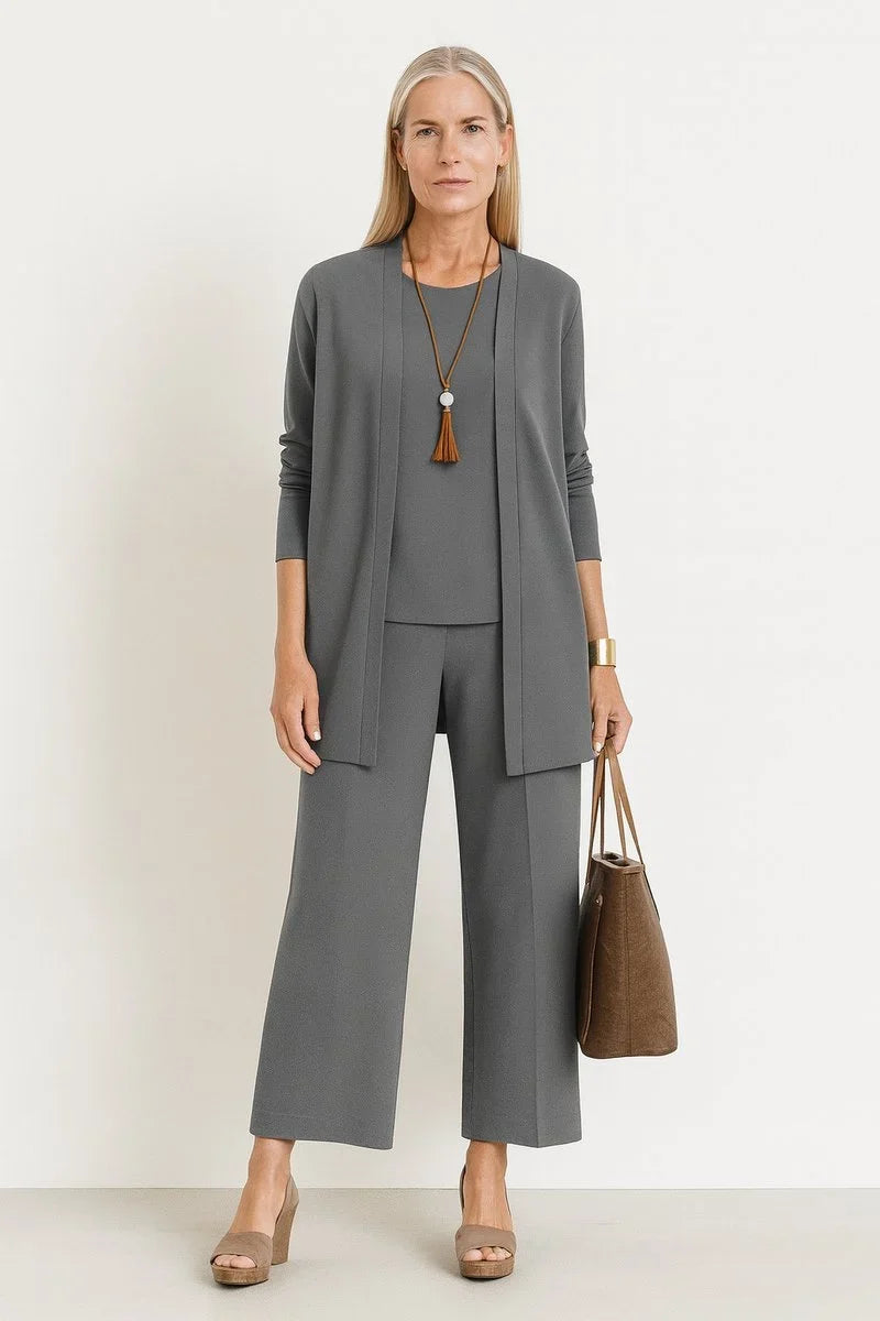 Women's Three-Piece Cardigan Set | Longline Open-Front Wide-Leg Pants Set
