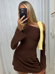Adrietta Long Sleeve Off Shoulder Knit Mini Dress Brown