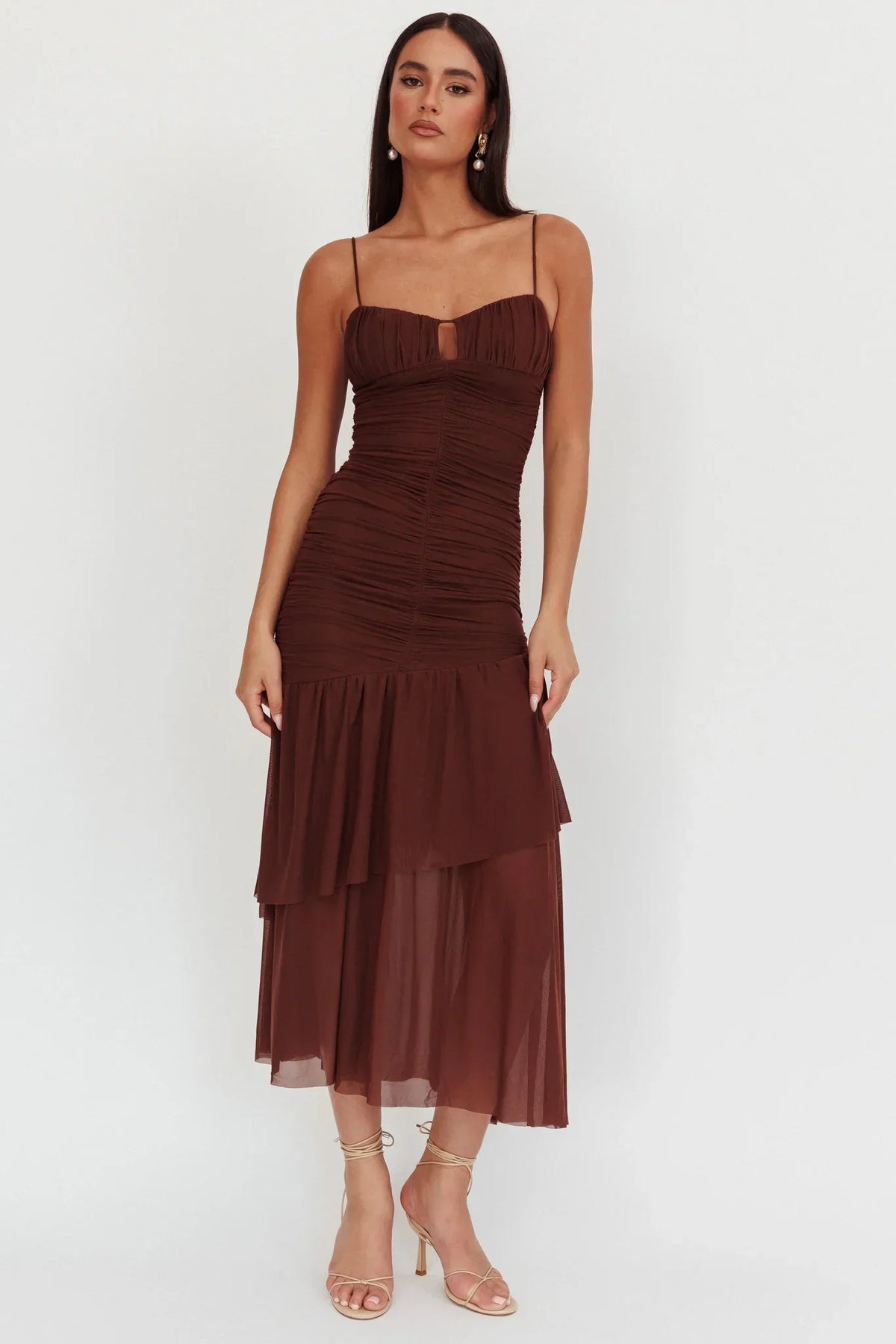 Kailua Ruched Tiered Hem Maxi Dress Chocolate