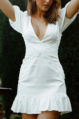 Avignon Puff Sleeve Lace and Pintuck Pleat Dress White
