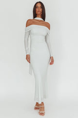 Flutters Off-Shoulder Long Sleeve Maxi Dress White