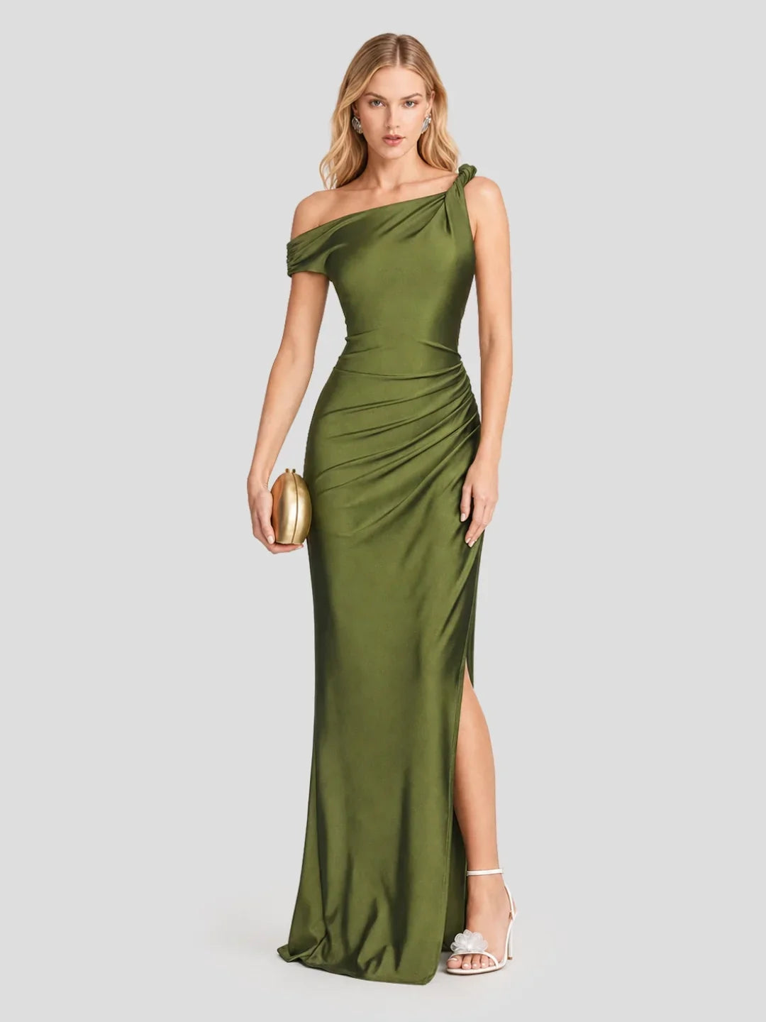 One Shoulder Asymmetric Ruched Satin Maxi Dress