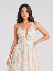 Watercolor Floral Plunge Midi Dress